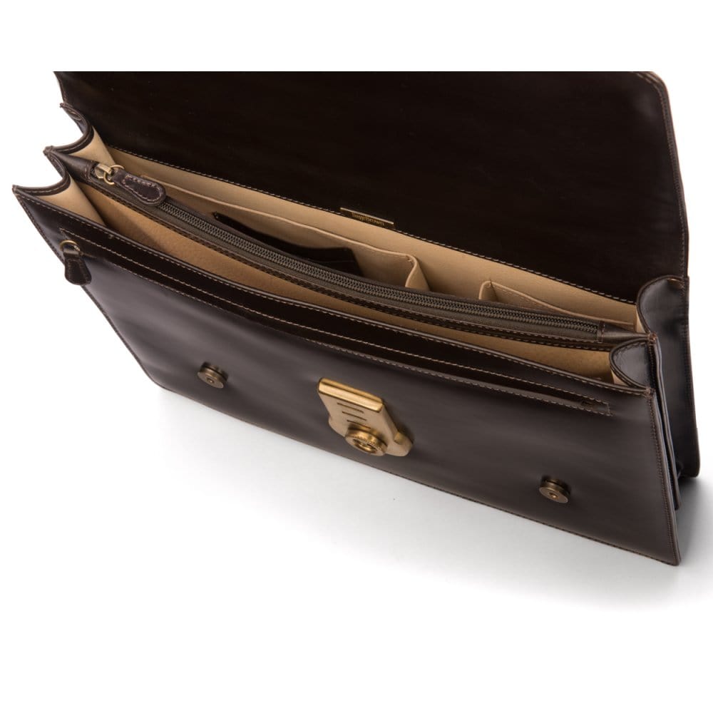 Leather Cambridge satchel briefcase, brown bridle, inside