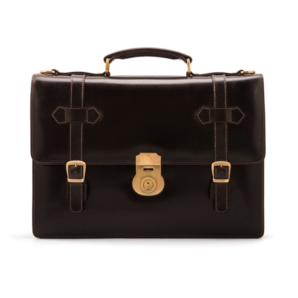 Leather Cambridge satchel briefcase, brown bridle, front