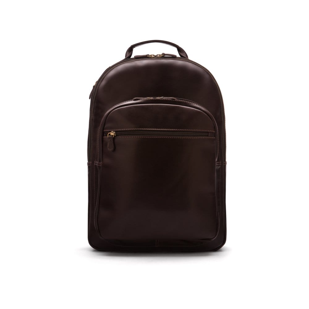 Men's leather 15" laptop backpack, brown, front