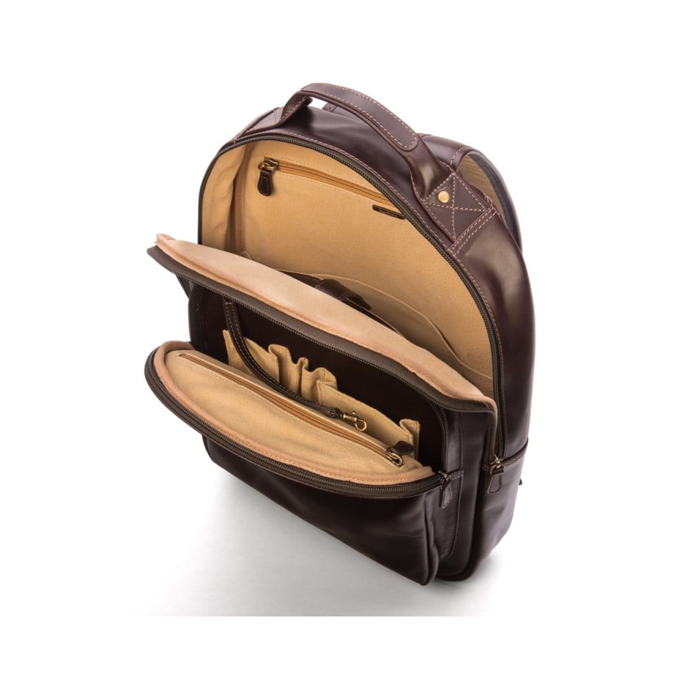 Men's leather 15" laptop backpack, brown, inside