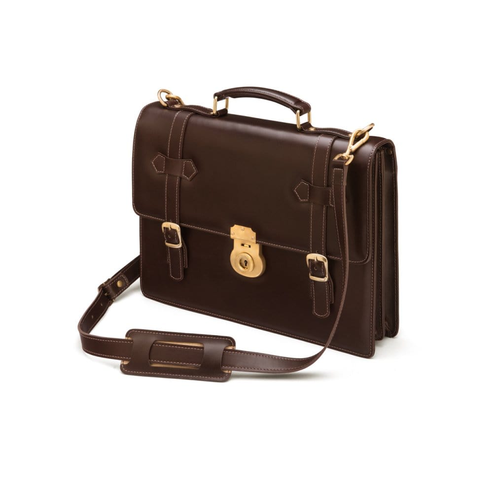 Leather Cambridge satchel briefcase with brass lock, brown, side