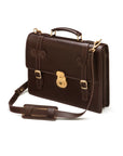 Leather Cambridge satchel briefcase with brass lock, brown, side