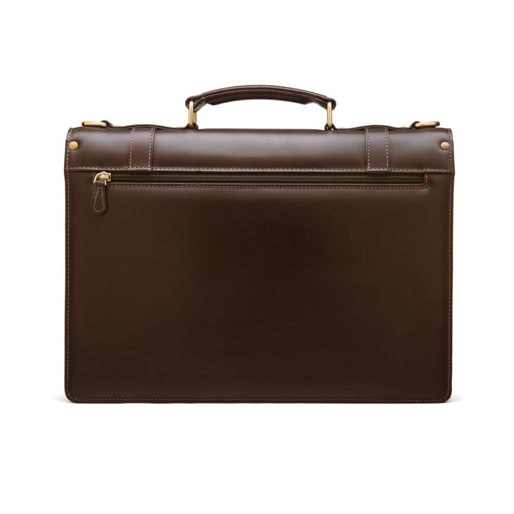 Leather Cambridge satchel briefcase with brass lock, brown, back