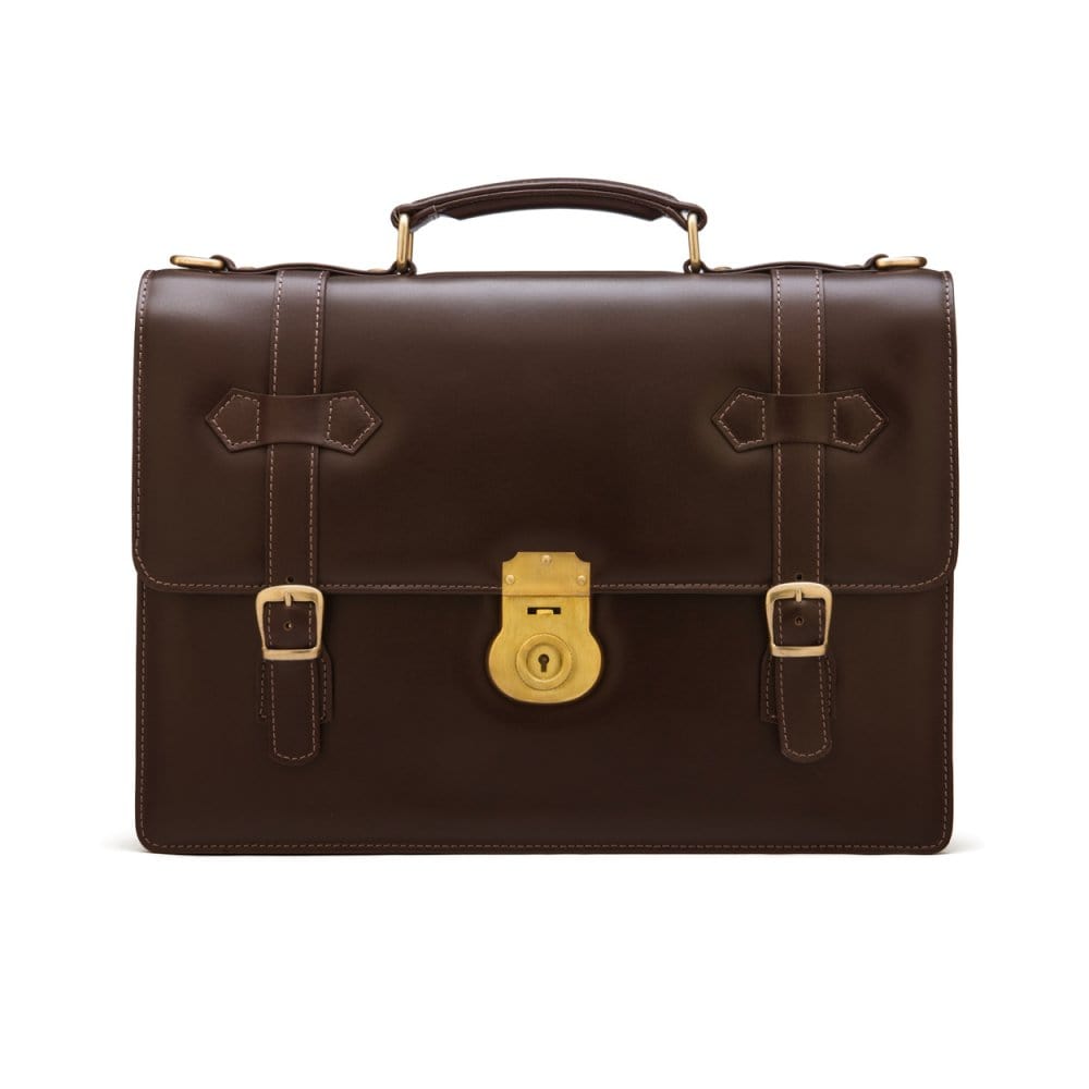 Leather Cambridge satchel briefcase with brass lock, brown, front