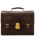 Leather Cambridge satchel briefcase with brass lock, brown, front