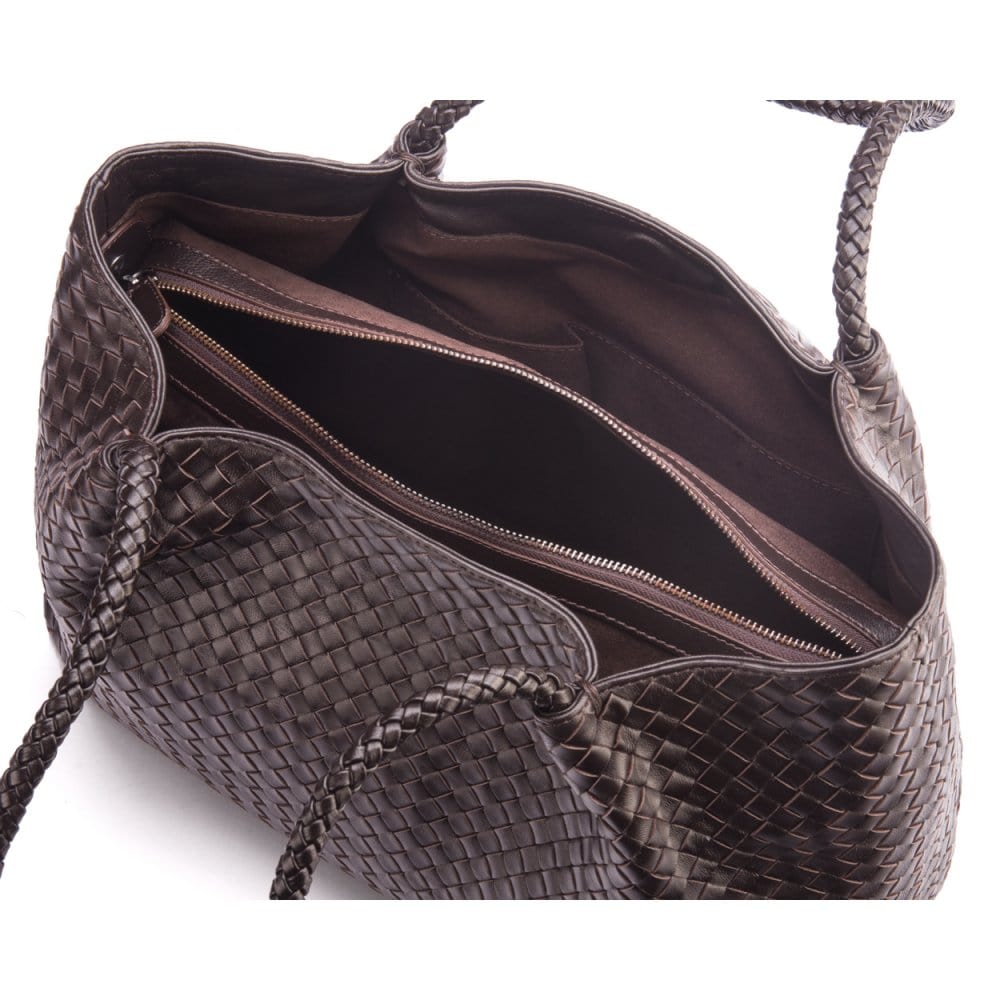 Woven leather slouchy bag, brown, with inner bag