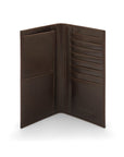 Tall leather wallet with 8 card slots, brown, open