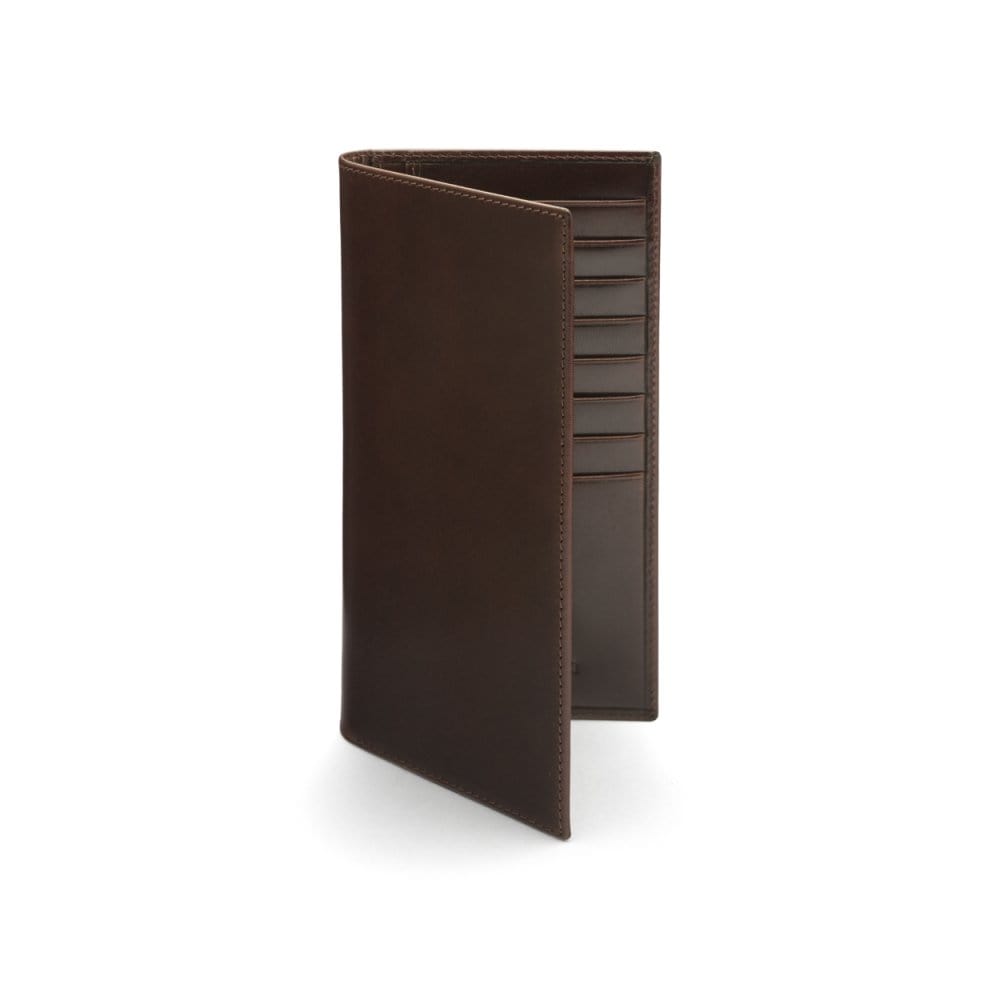 Tall leather wallet with 8 card slots, brown, front