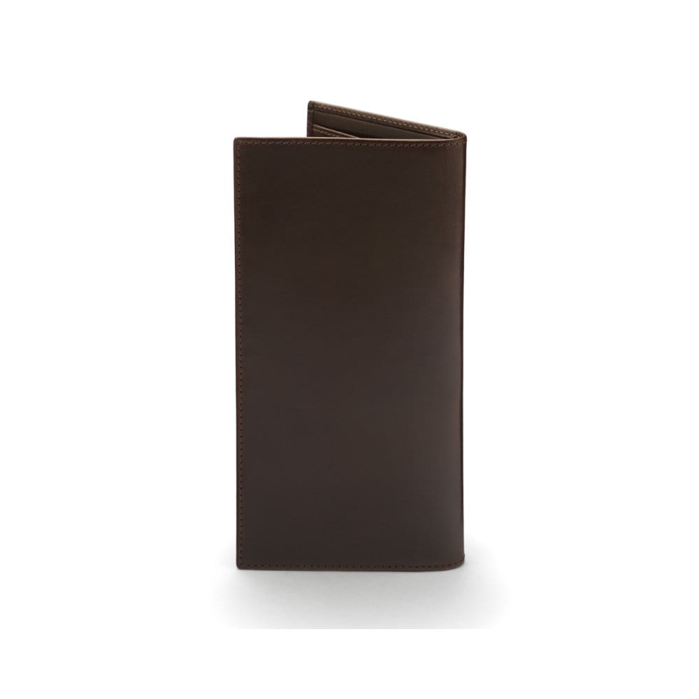 Tall leather wallet with 8 card slots, brown, back