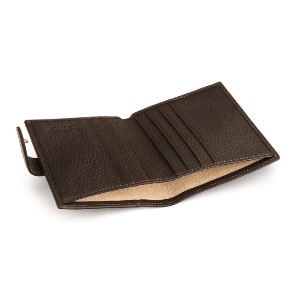Compact leather billfold wallet with tab, brown, inside