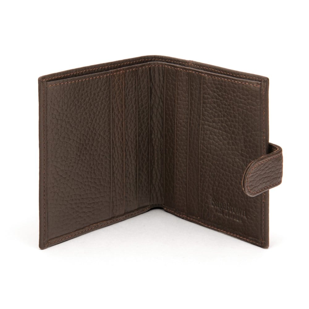 Compact leather billfold wallet with tab, brown, open
