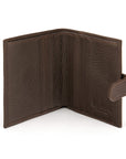 Compact leather billfold wallet with tab, brown, open