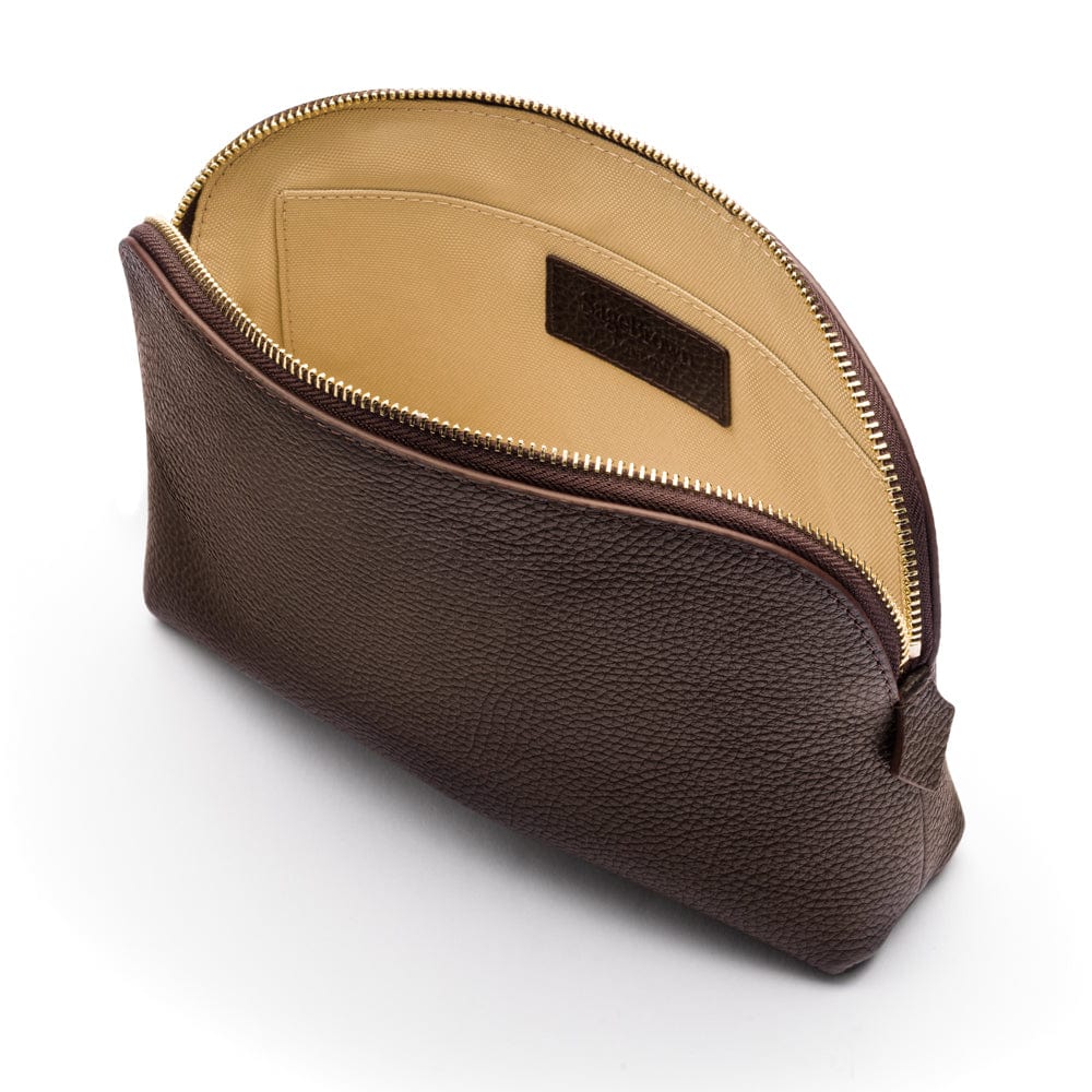 Leather cosmetic bag, brown, open