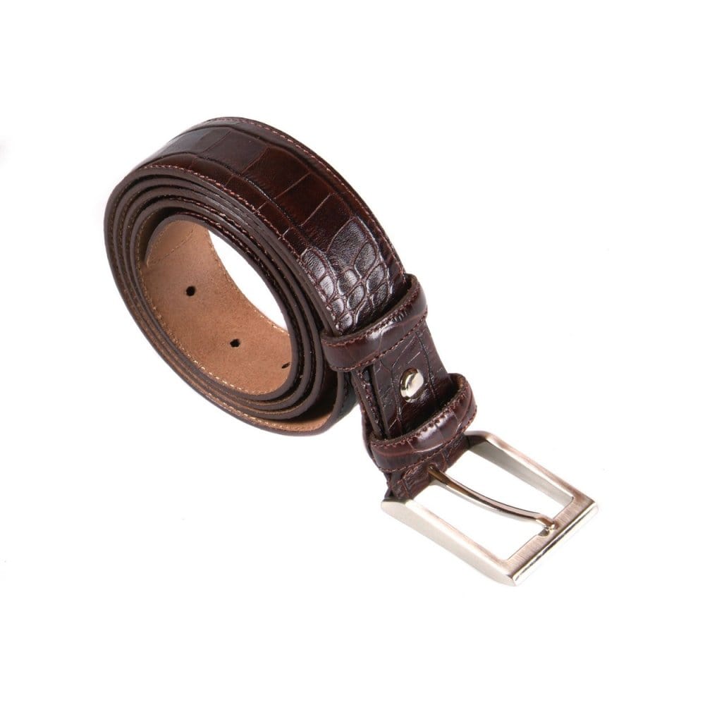 Leather belt with silver buckle, brown croc