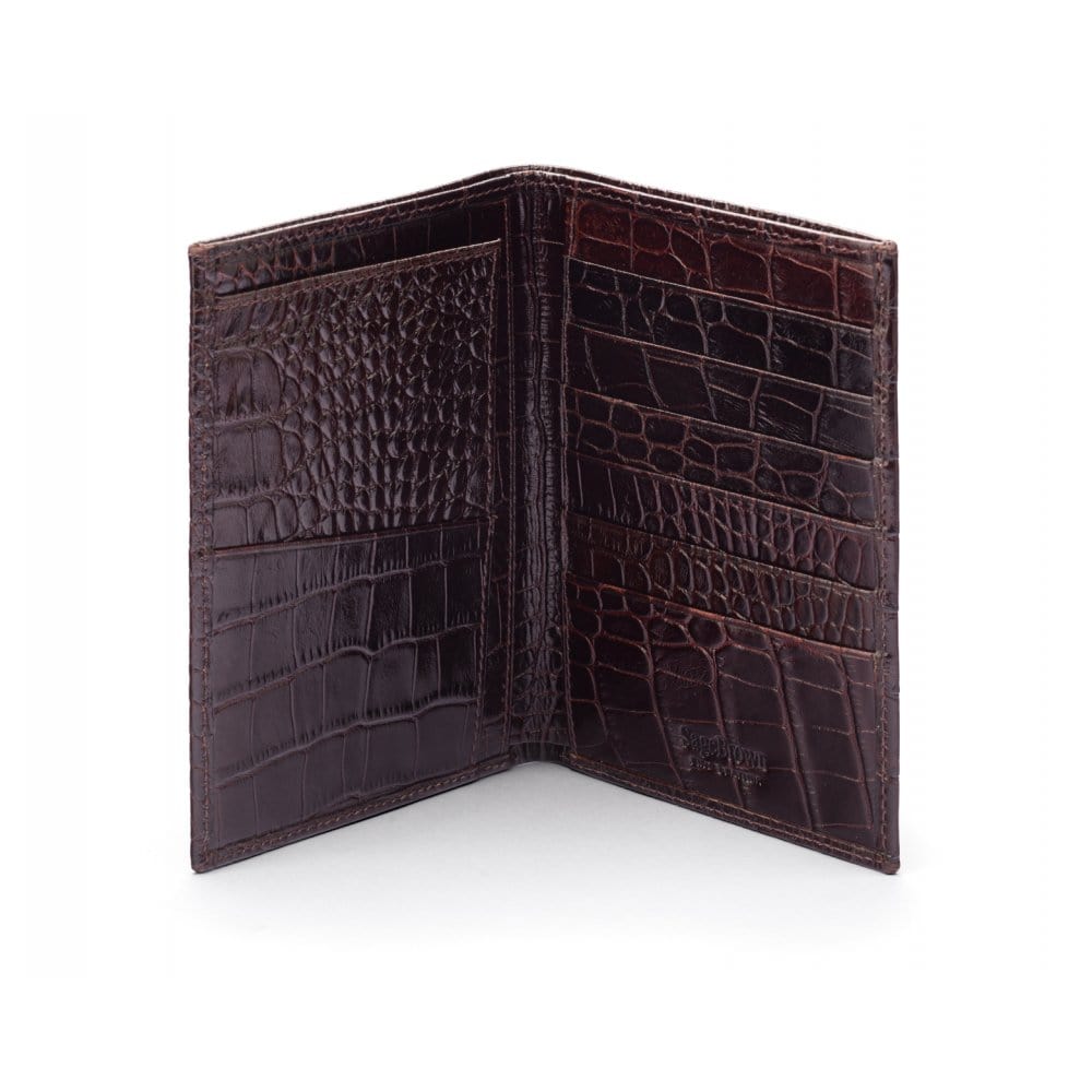 3/4 length tall bifold wallet with 6 CC, brown croc, open