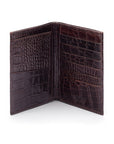 3/4 length tall bifold wallet with 6 CC, brown croc, open