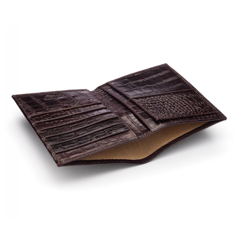 3/4 length tall bifold wallet with 6 CC, brown croc, inside