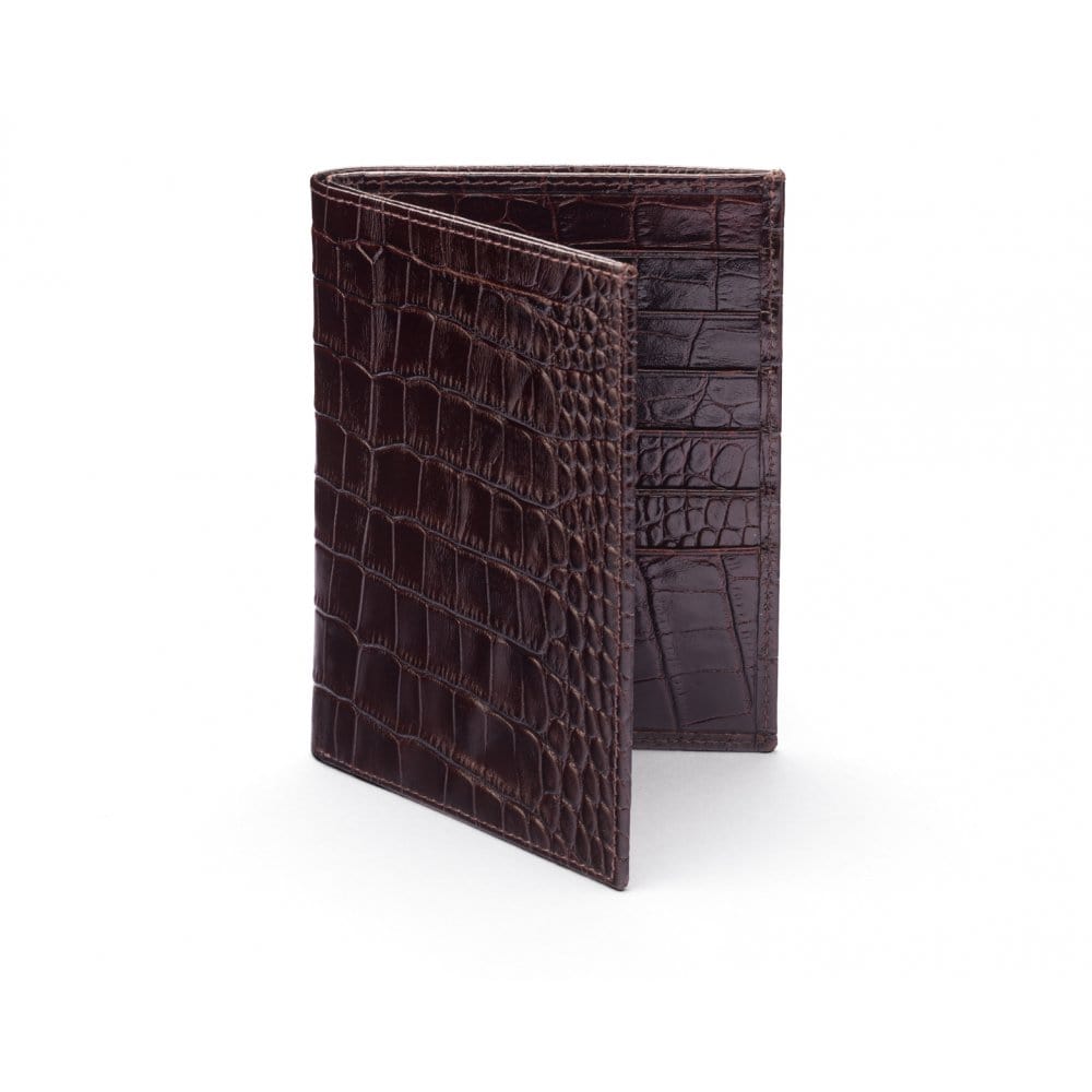 3/4 length tall bifold wallet with 6 CC, brown croc, front