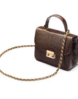 Small leather top handle bag, brown croc, side