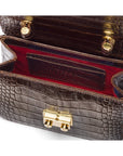 Small leather top handle bag, brown croc, inside