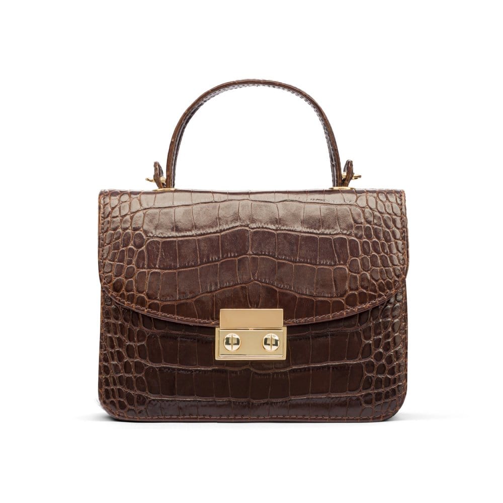 Small leather top handle bag, brown croc, front