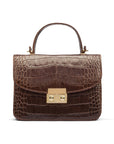 Small leather top handle bag, brown croc, front