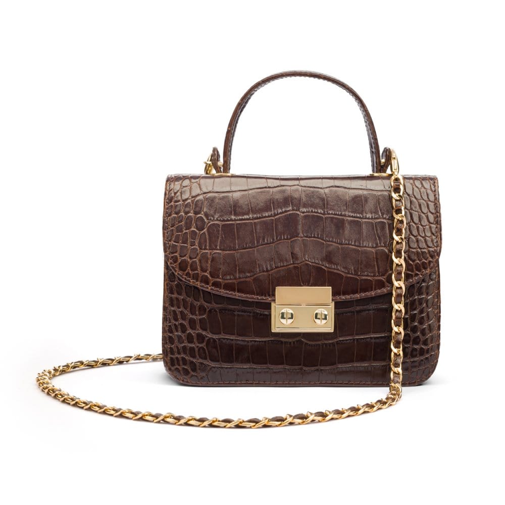 Small leather top handle bag, brown croc, with shoulder strap
