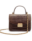 Small leather top handle bag, brown croc, with shoulder strap