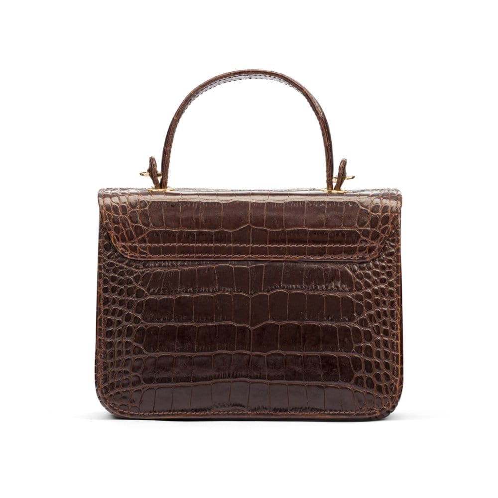 Small leather top handle bag, brown croc, back