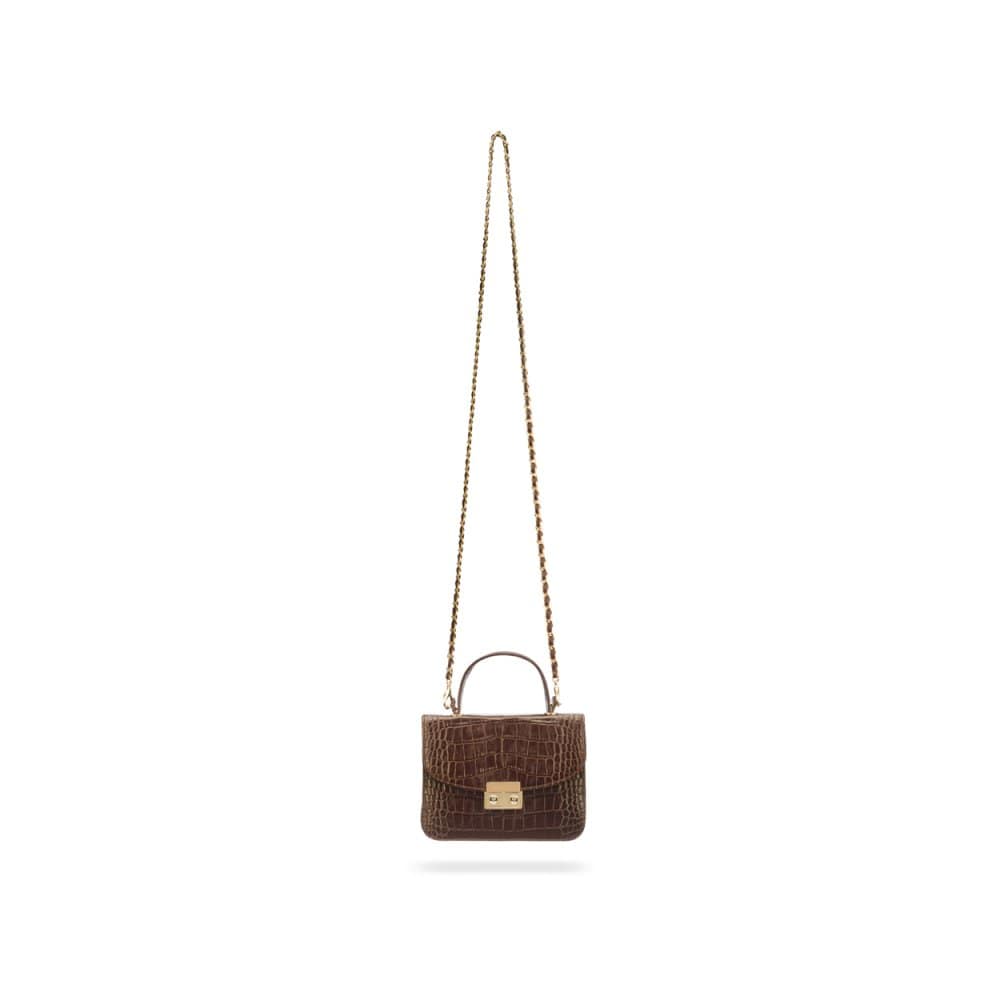 Small leather top handle bag, brown croc
