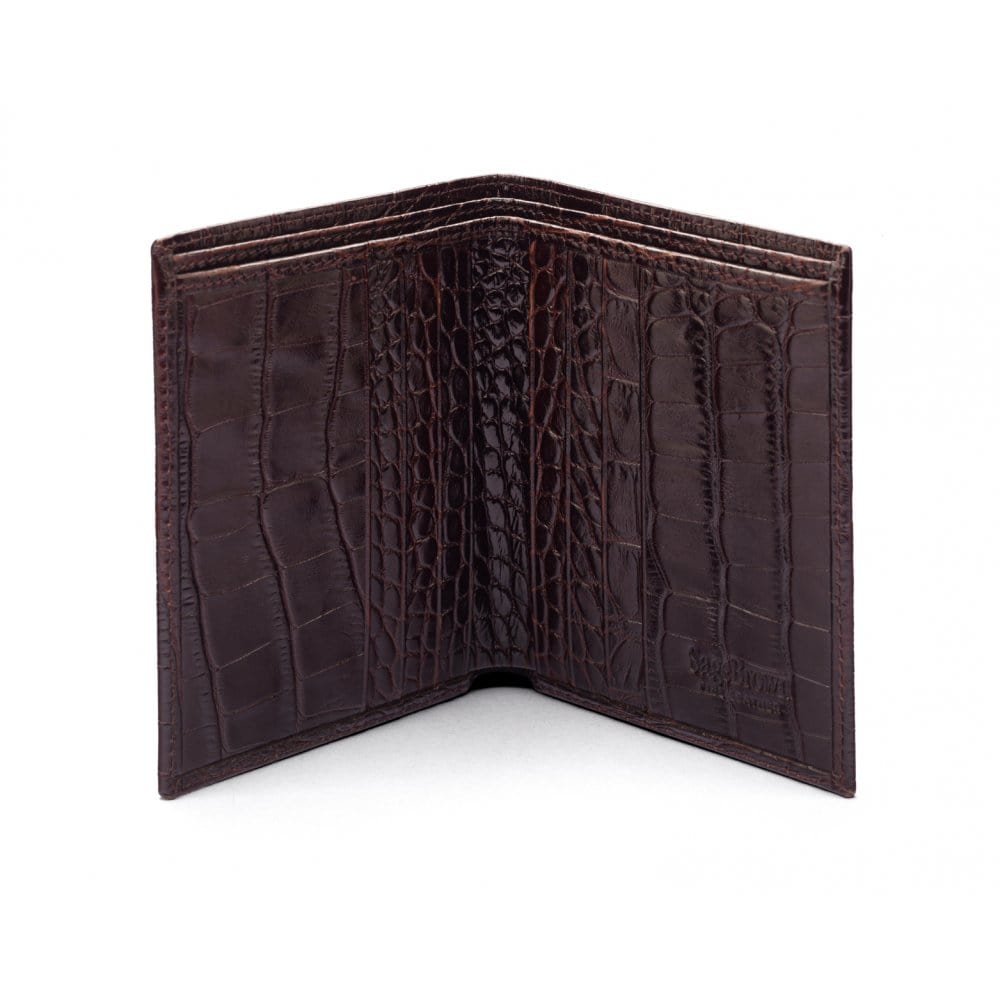 Bifold leather wallet with 6 credit cards, brown croc, open
