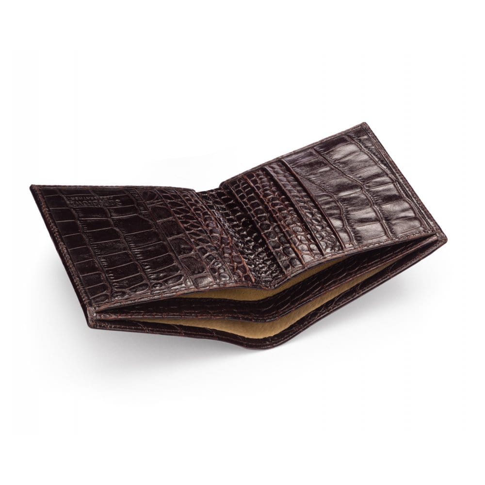 Bifold leather wallet with 6 credit cards, brown croc, inside