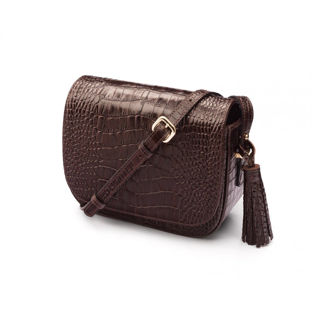 Leather saddle bag, brown croc, side