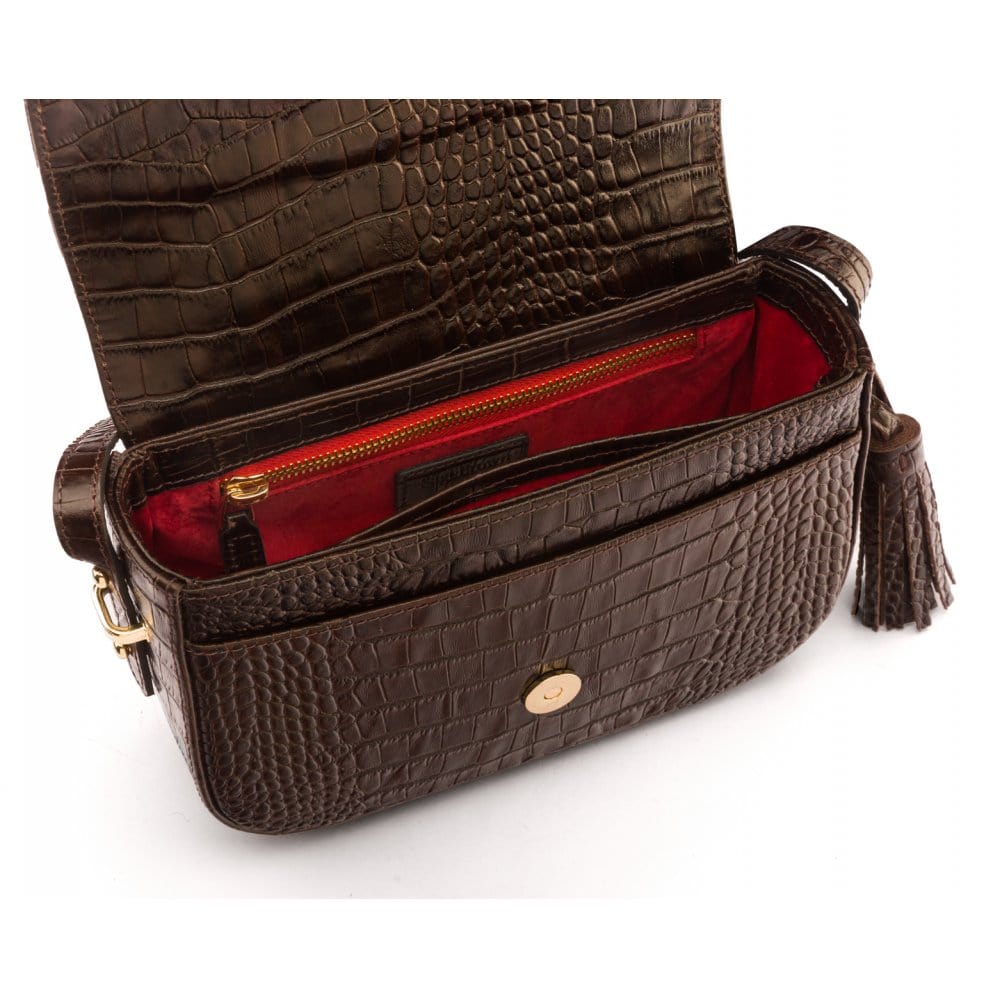 Leather saddle bag, brown croc, inside