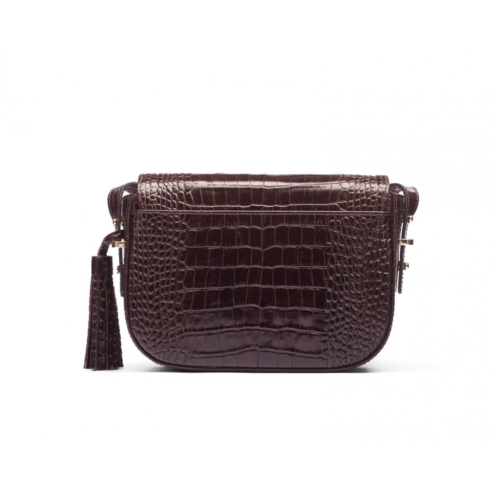 Leather saddle bag, brown croc, back