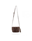 Leather saddle bag, brown croc, with long shoulder strap