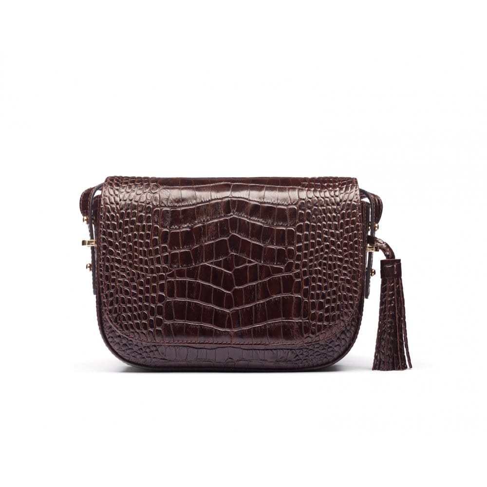 Leather saddle bag, brown croc, front