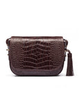 Leather saddle bag, brown croc, front