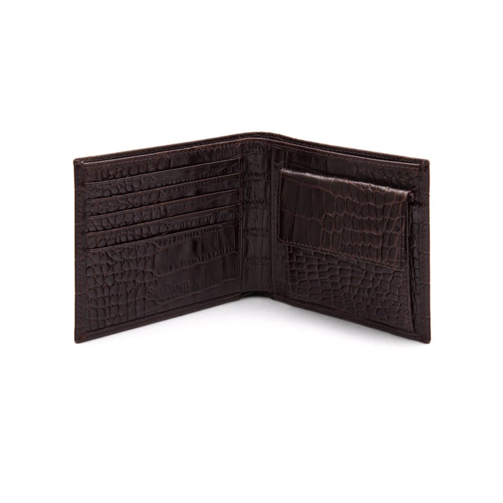 Leather wallet with coin purse, brown croc, open 