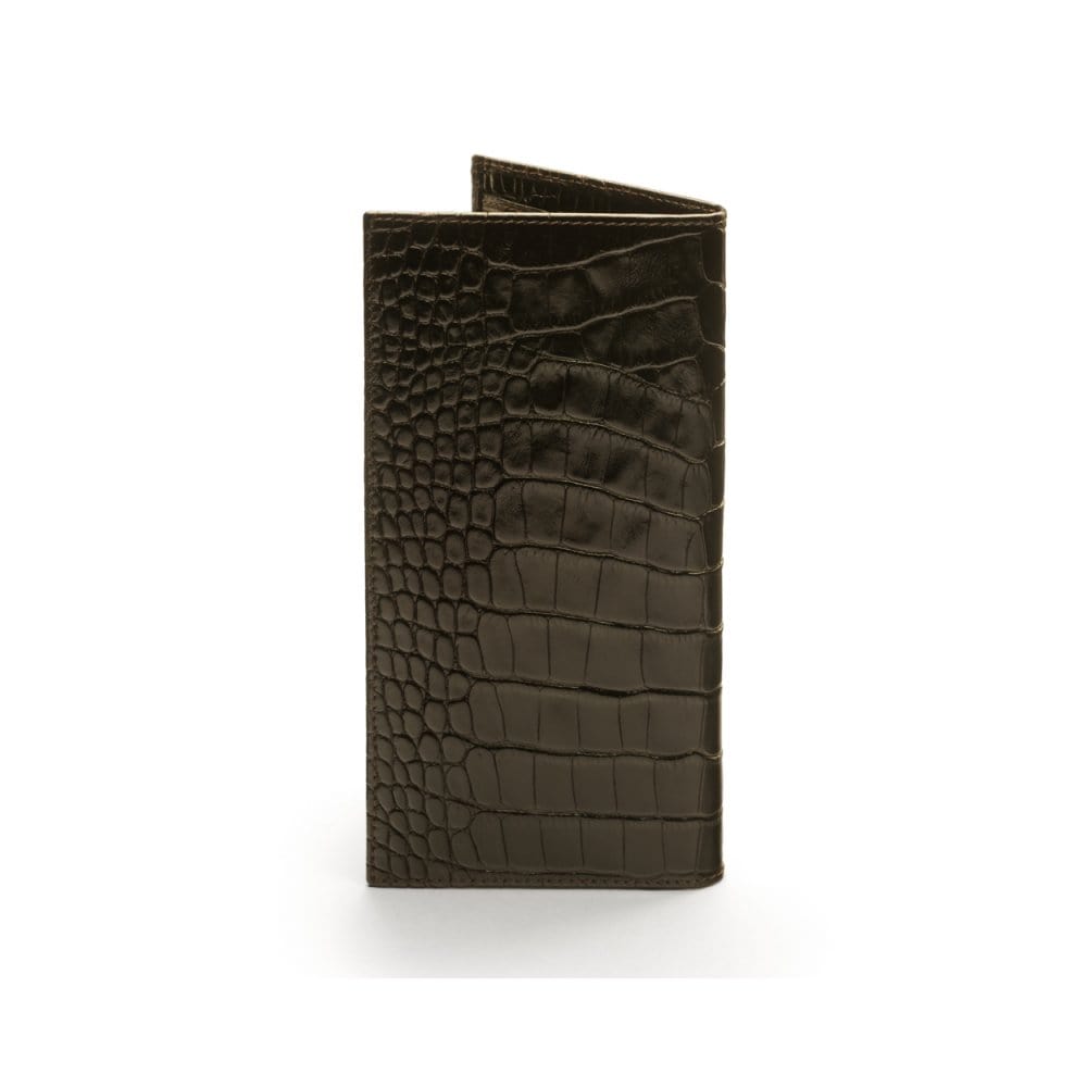 Tall leather wallet with 8 card slots, brown croc, back