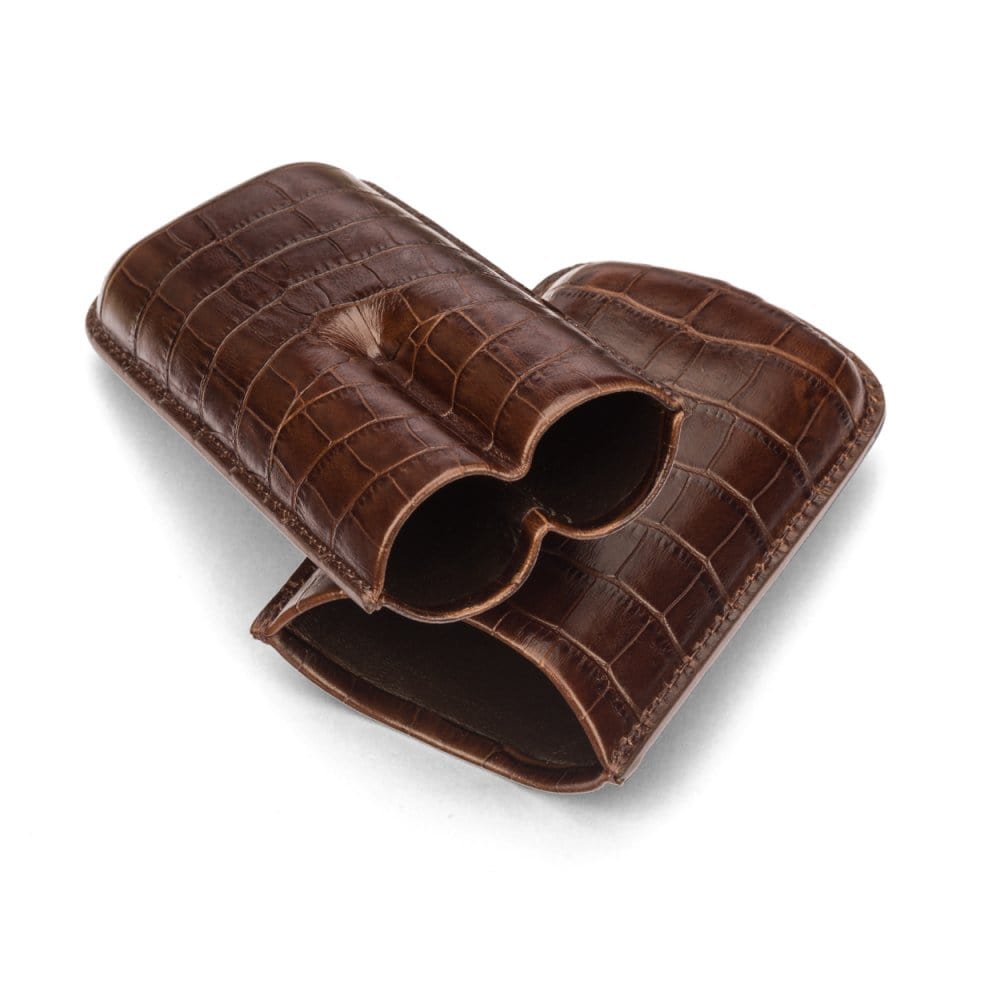 Double leather cigar case, brown croc, inside