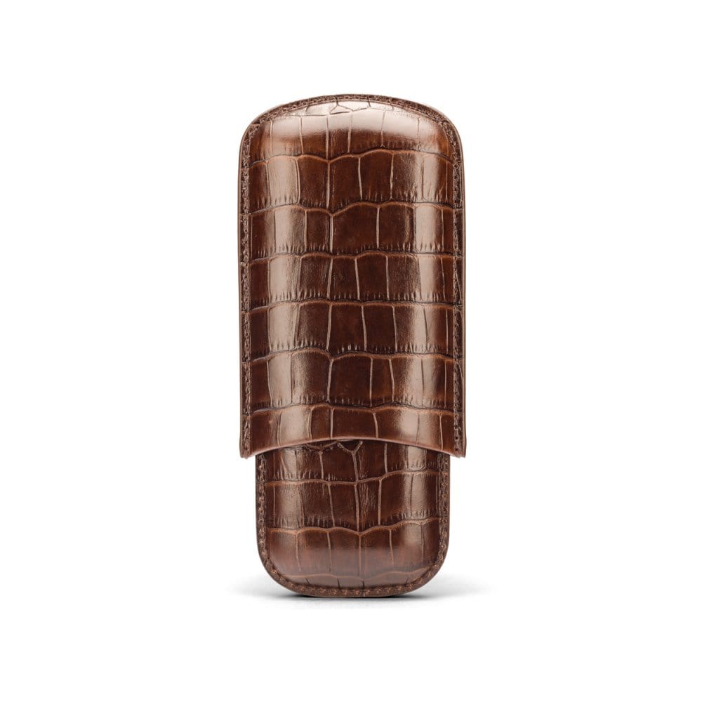 Double leather cigar case, brown croc, front