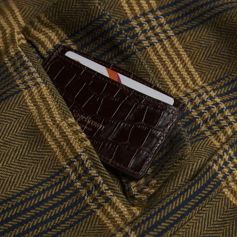 Brown Croc Flat Leather Credit Card Case With RFID Blocking Lining