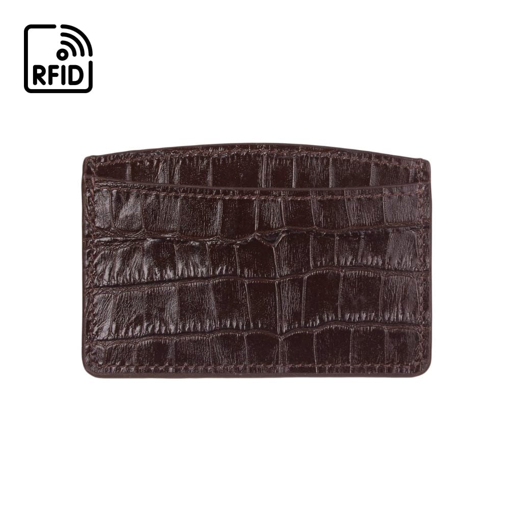 RFID Flat Leather Card Holder, brown croc, front view