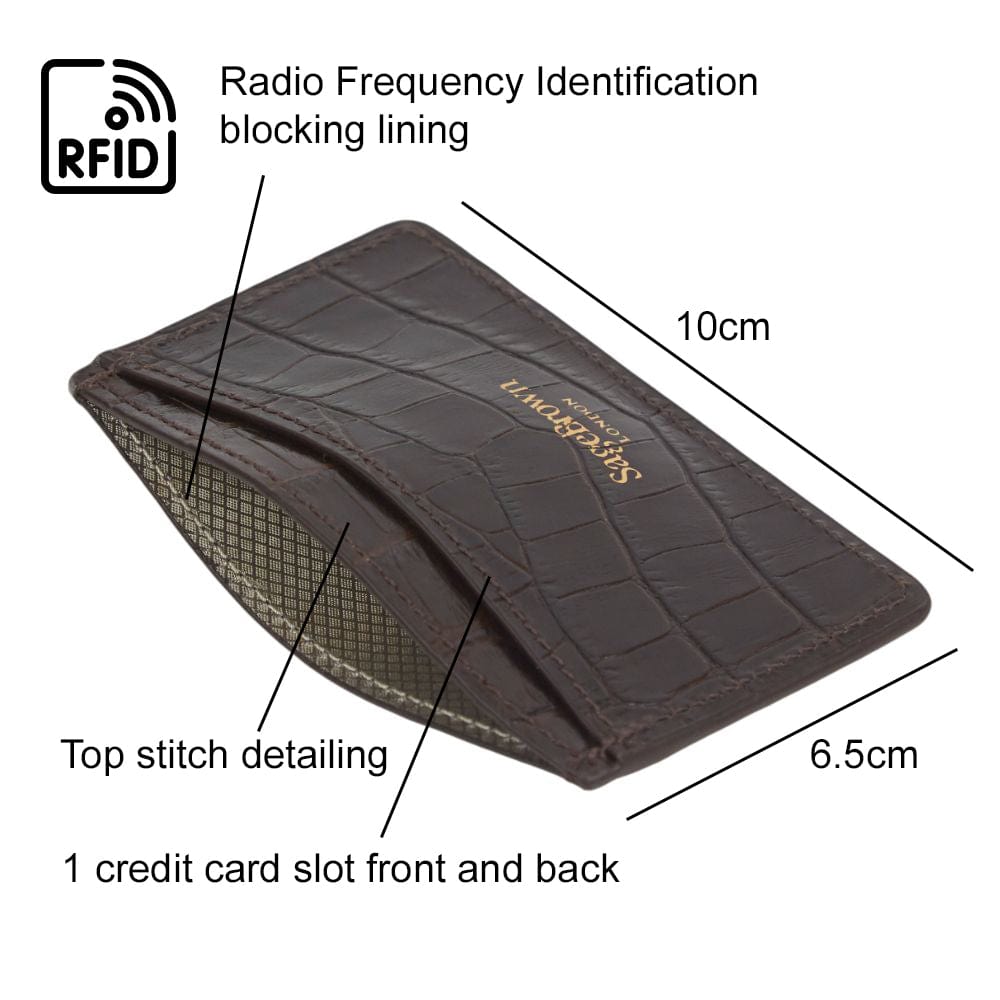 RFID Flat Leather Card Holder, brown croc, features
