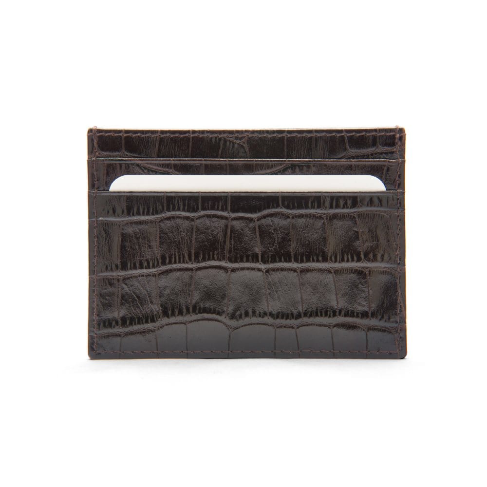 Flat leather credit card wallet 4 CC, brown croc, front