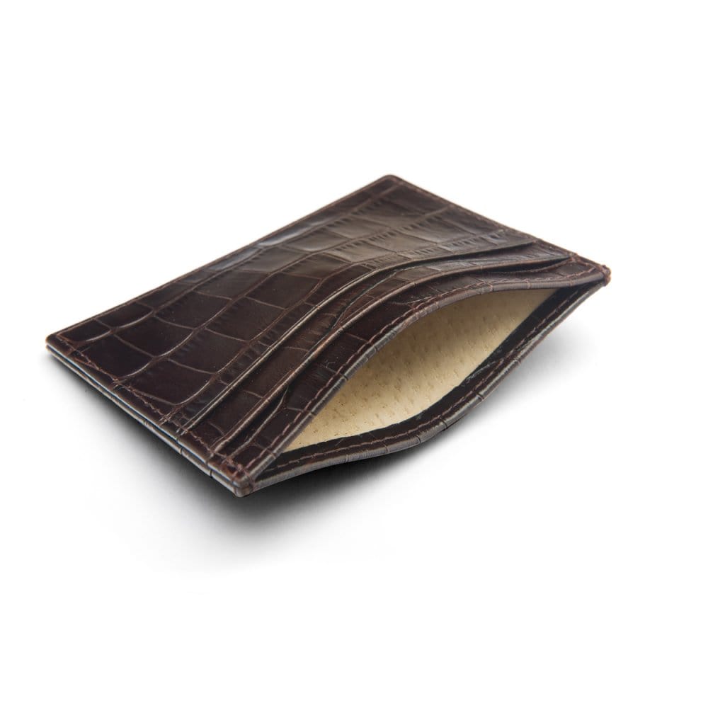 Flat leather credit card wallet 4 CC, brown croc, inside