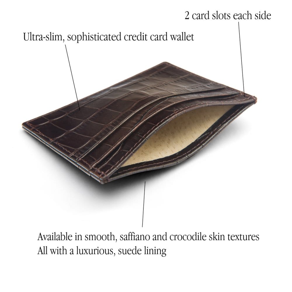 Flat leather credit card wallet 4 CC, brown croc, features