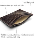 Flat leather credit card wallet 4 CC, brown croc, features