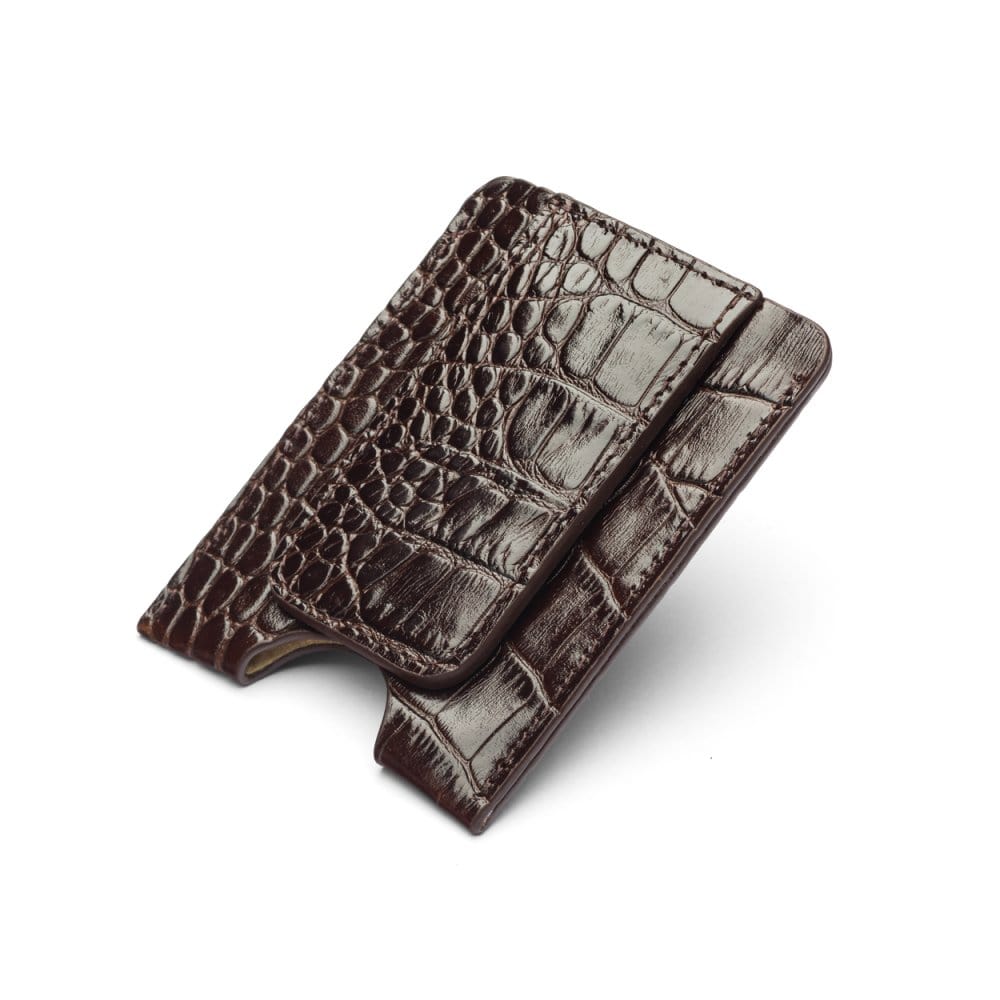 Flat magnetic leather money clip card holder, brown croc, front